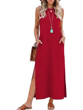 Women's Red Summer Maxi Long Dress Sleeveless Side Slit Casual With Pockets